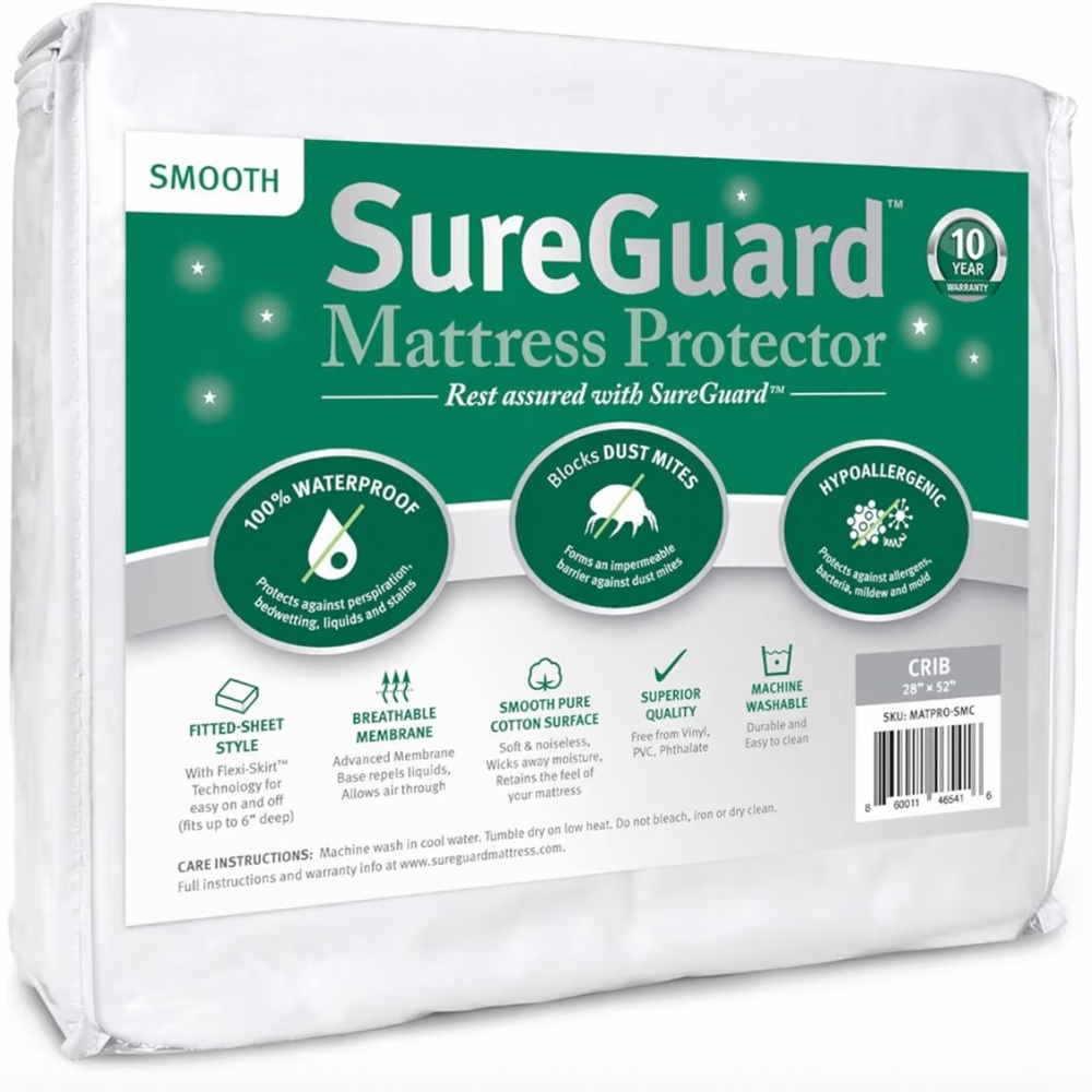 SureGuard Crib Size Mattress Protector - 100% Waterproof, Hypoallergenic - Soft